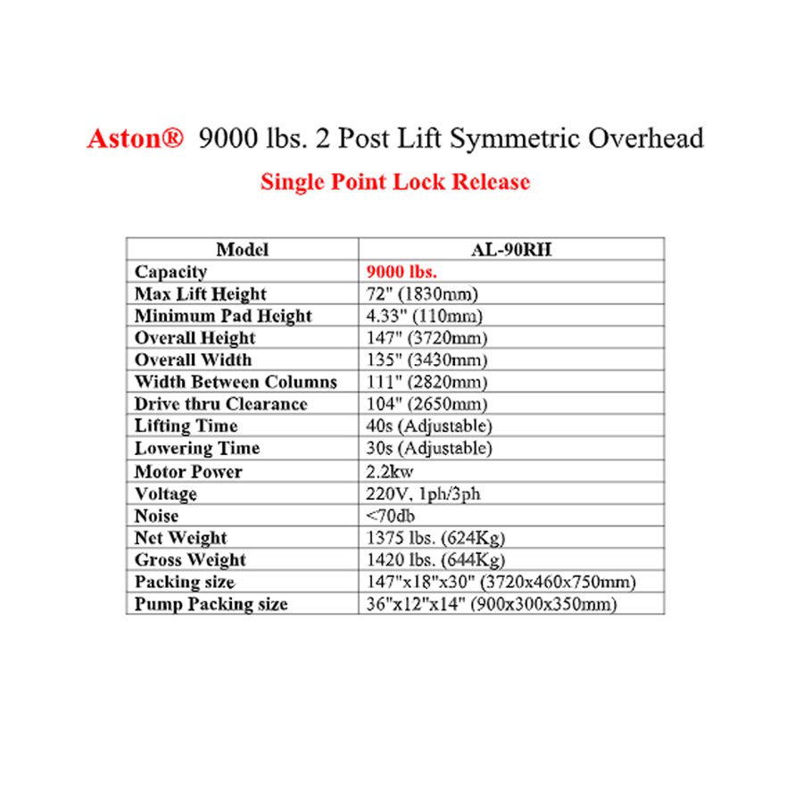 Aston® 9000 lbs. 2 Post Lift Symmetric Overhead - Image 3