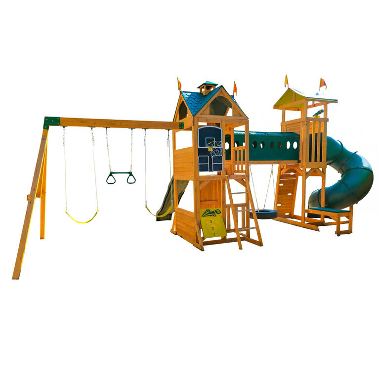 iben-product-23-image-1-1.png KidKraft Mockingbird View Wooden Swing Set / Playset with Tower, Hoop, Tunnel, and Tire Swing - Image 1