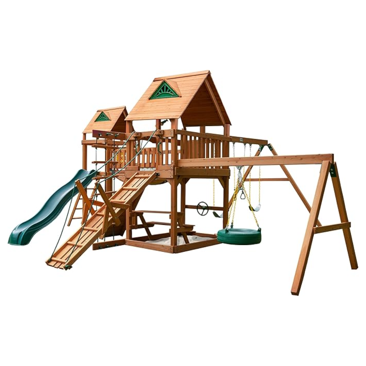 iben-product-25-image-1-1.png Gorilla Playsets Pioneer Peak Treehouse Wooden Swing Set with Tire Swing, and Clatter Bridge and Tower - Image 1