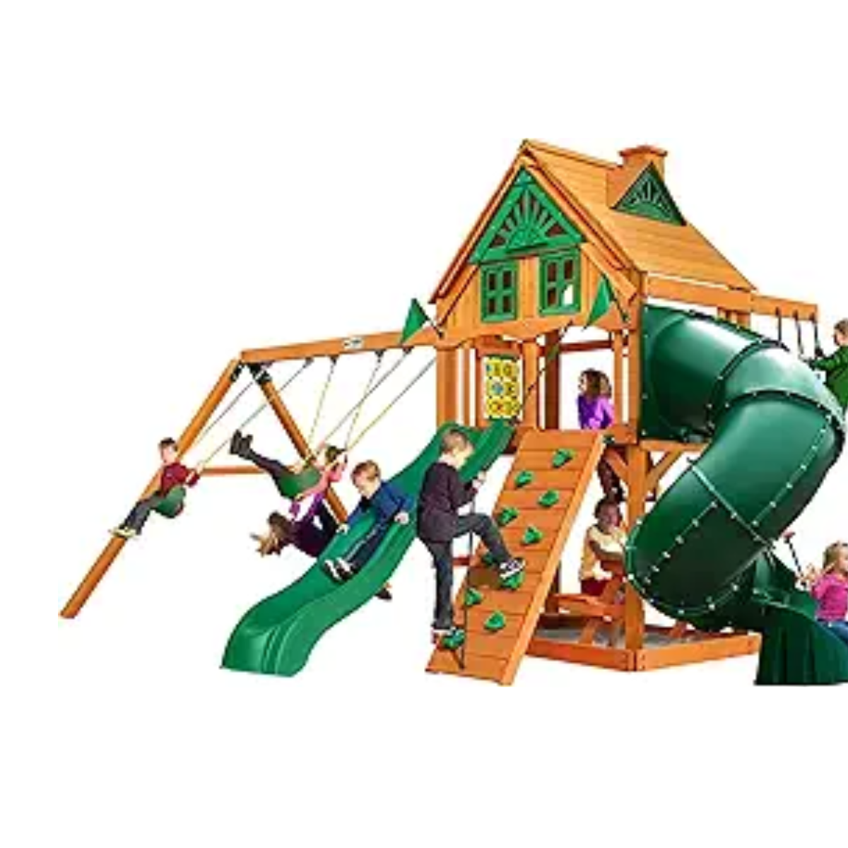 iben-product-26-image-1-1.png Gorilla Playsets Mountaineer Treehouse Wooden Swing Set with Tube Slide, Rope Ladder, and Sandbox - Image 1