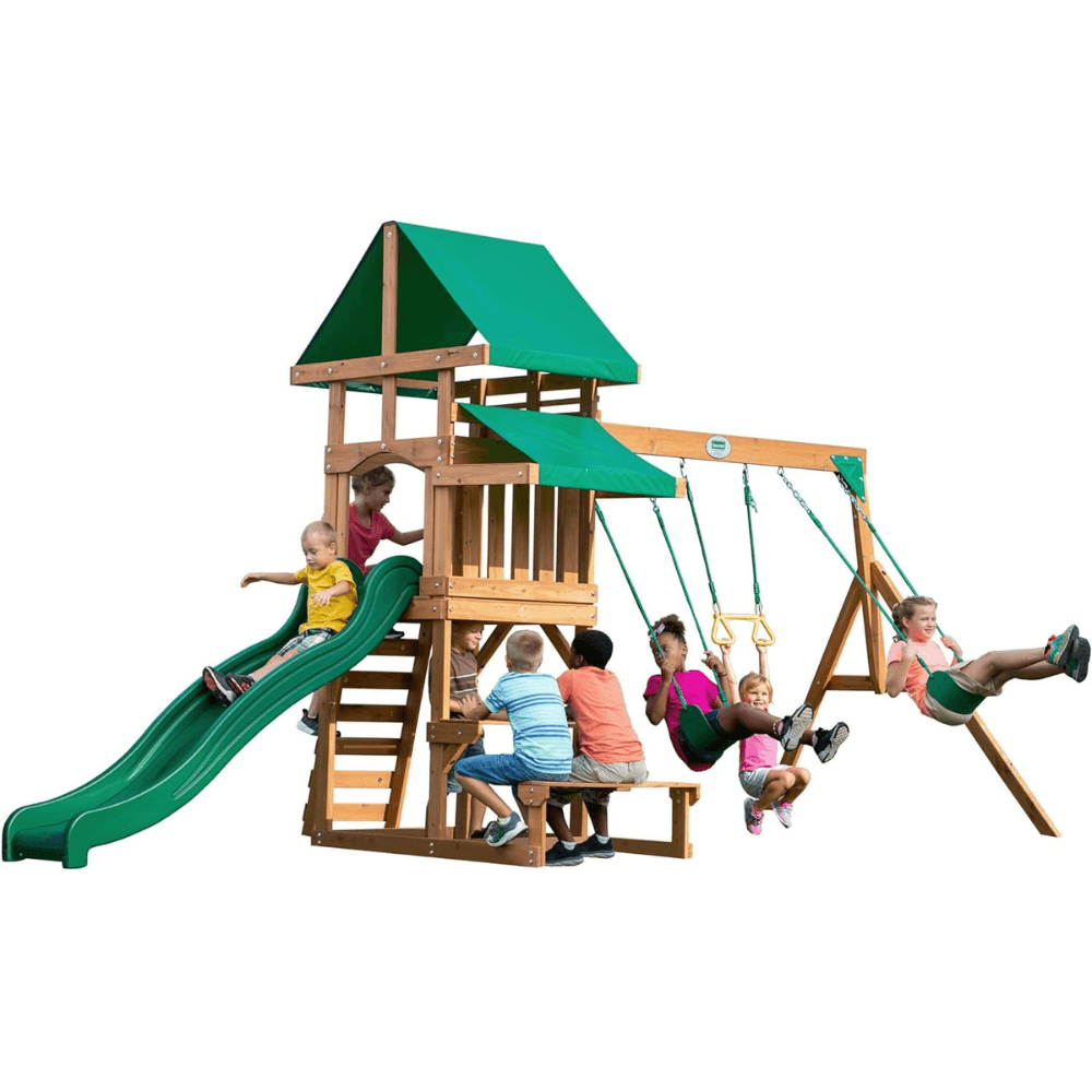iben-product-58-image-1.png Canyon Creek All Cedar Swing Set Playset w/ Rockwall Upper Fort Belt Swings Web Swing Gray Wave Slide, and Play Kitchen - Image 1