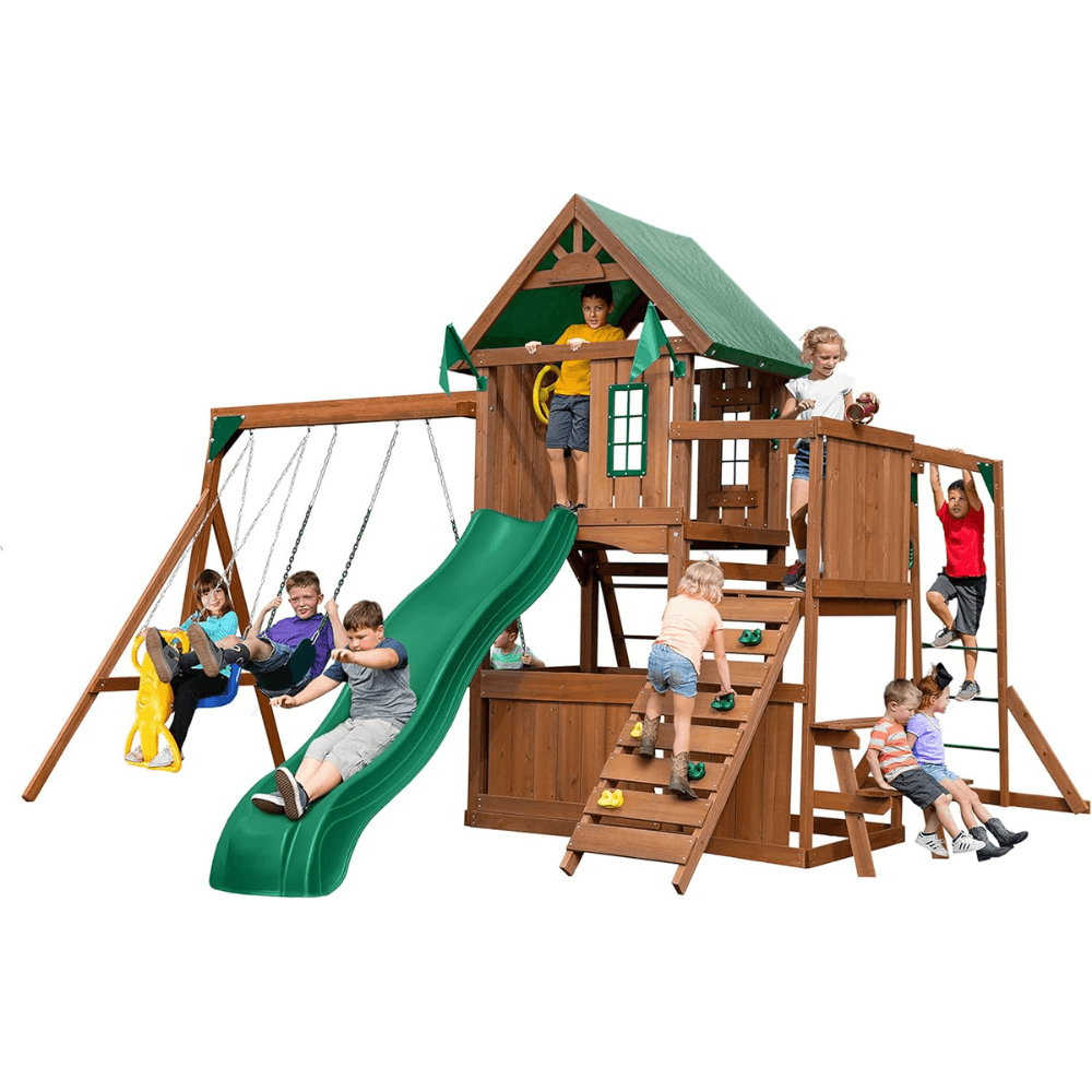iben-product-73-image-1.png Knightsbridge Plus Complete Wooden Outdoor Playset with Monkey Bars, Slide, Rock Wall and Swing Set Accessories - Image 1